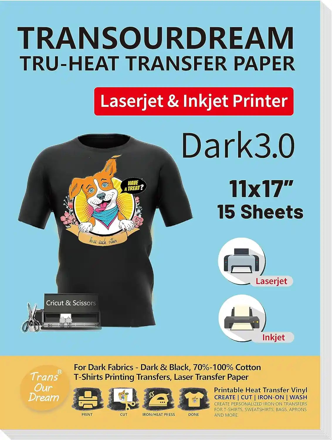 Heat Transfer Paper on Iron Sheets for Dark Fabrics | Inkjet & LaserJet Printers, Non-Toxic | Dark 3.0