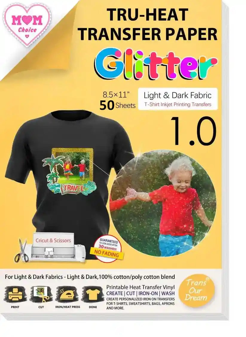 Heat Transfer Paper for Dark or Light T-Shirts & Fabrics | Printable Heat Transfer Paper for Inkjet Printer | Glitter 1.0