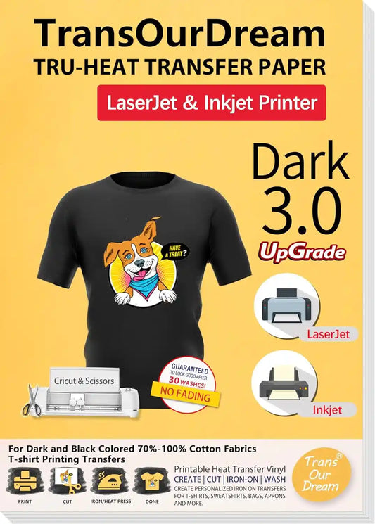 Dark 3.0 | Iron on Heat Transfer Paper for Dark T-Shirts & Fabrics | High-Quality Printable Heat Transfer Paper for Inkjet & LaserJet Printers