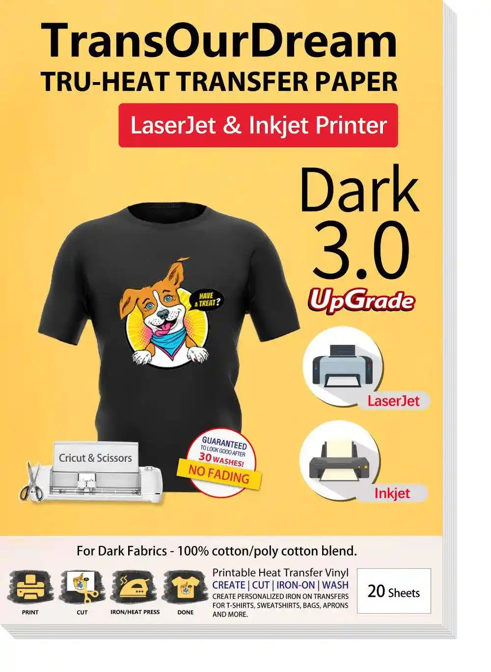 Dark 3.0 | Iron on Heat Transfer Paper for Dark T-Shirts & Fabrics | High-Quality Printable Heat Transfer Paper for Inkjet & LaserJet Printers