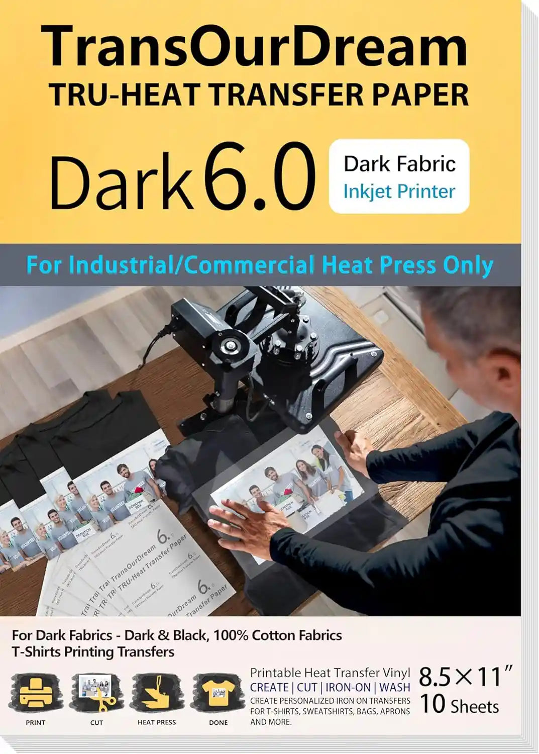 Heat Transfer Paper  Professional-Grade Designed Compatibility with Heat Press | Inkjet Printer Printable Heat Transfer Paper for T-Shirts & Fabrics | Dark 6.0