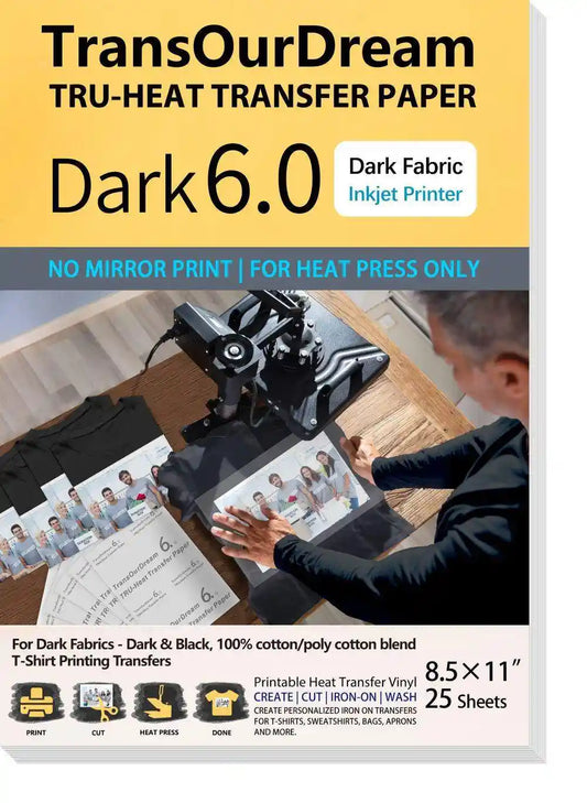 Dark 6.0 | Heat Transfer Paper Designed or Dark T-Shirts and Fabrics | Professional-Grade Compatibility with Heat Press | Inkjet Printer Printable Heat Transfer Paper for T-Shirts & Fabrics