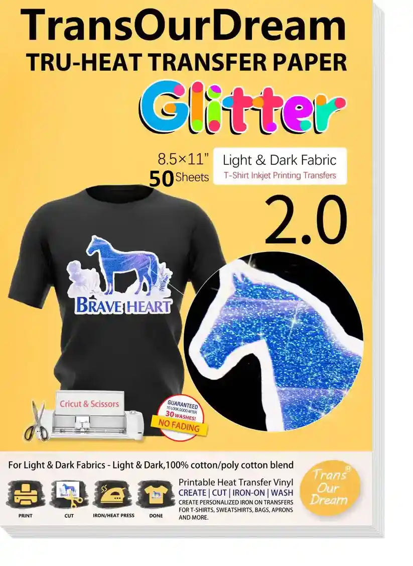 Heat Transfer Paper for Dark or Light T-Shirts &  Fabrics | Printable Heat Transfer Paper for Inkjet Printer | Glitter 2.0