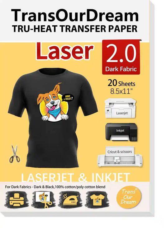 Laser Inkjet Dark 2.0 | Iron on Heat Transfer Paper for Dark T-Shirts & Fabrics | Printable HTV Heat Transfer Vinyl for LaserJet & Inkjet Printers
