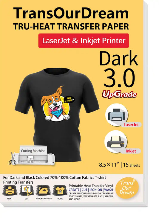 Laser Inkjet Dark 3.0 | Iron on Heat Transfer Paper for Dark T-Shirts & Fabrics | Printable HTV Heat Transfer Vinyl for Inkjet & LaserJet Printers