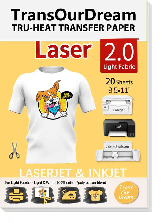 Laser Inkjet Light 2.0 | Iron on Heat Transfer Paper for Light T-Shirts & Fabrics | Printable HTV Heat Transfer Vinyl for LaserJet & Inkjet Printers