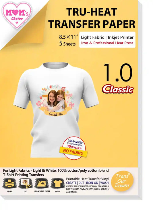 Light 1.0 | Heat Transfer Paper for Light T-Shirts & Fabrics | Inkjet Printer Printable Iron on Heat Transfer Paper for Light & White Fabrics