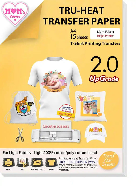Light 2.0 | Tru-Iron on Heat Transfer Paper for Light T-Shirts & Fabrics |Inkjet Printer Printable Iron-on Heat Transfers Paper for Light T-Shirts & Fabrics