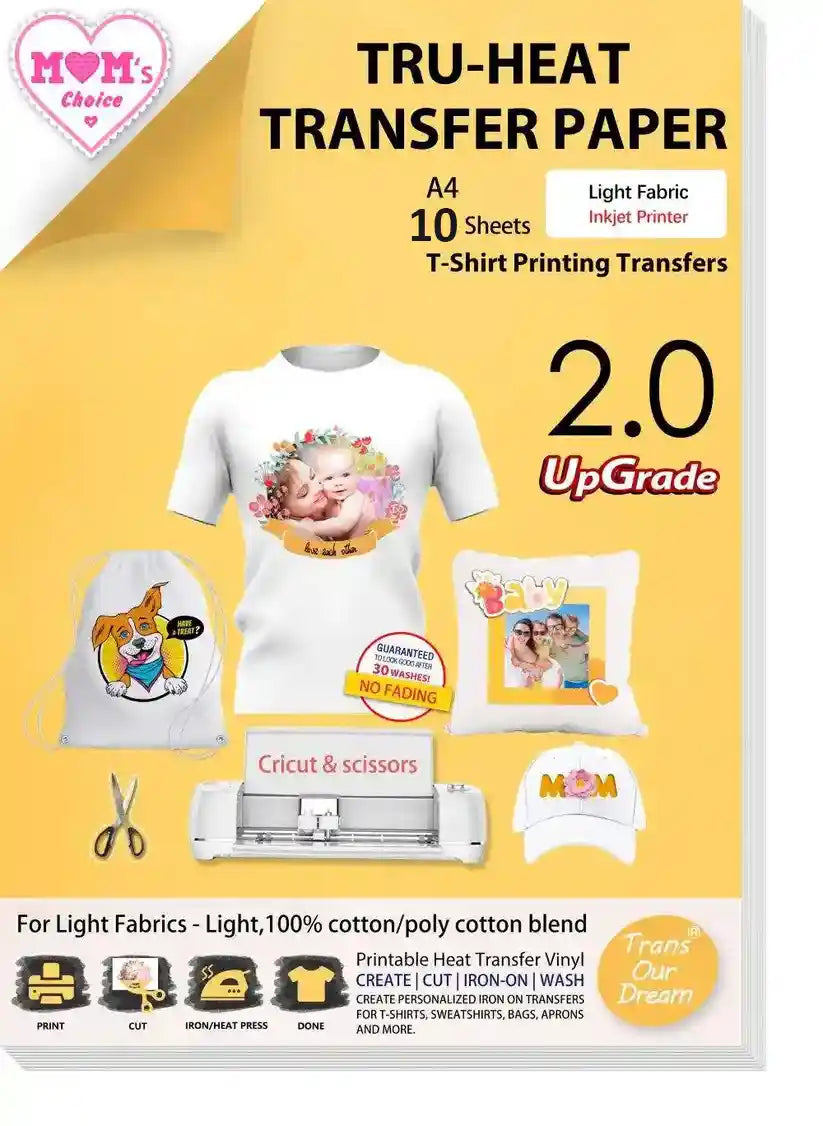 Heat Transfer Paper for Light T-Shirts & Fabrics | Inkjet Printer Printable Iron-on Heat Transfers Paper for Light T-Shirts & Fabrics | Light 2.0