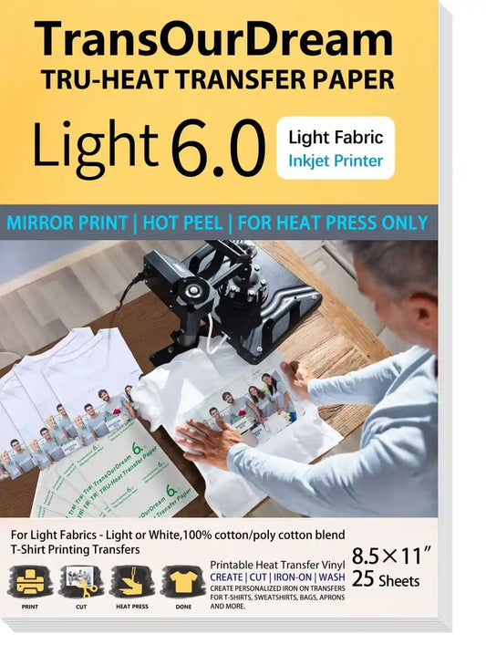 Light 6.0 | Heat Transfer Paper Designed or Light T-Shirts and Fabrics | Professional-Grade Compatibility with Heat Press | Inkjet Printer Printable Heat Transfer Paper for Light T-Shirts & Fabrics