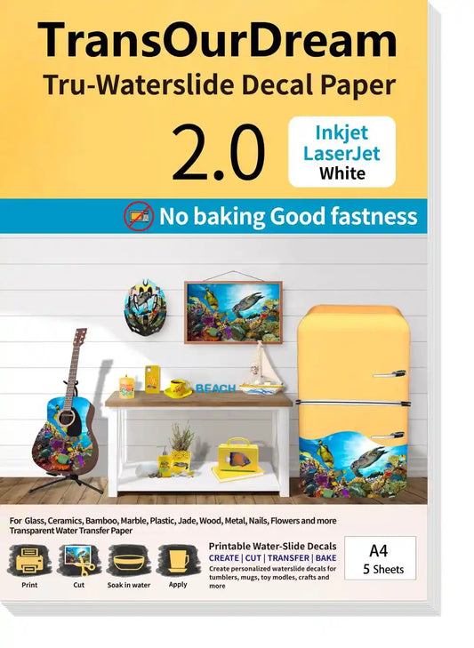 White WaterSlide Decal Paper for Inkjet & LaserJet Printer | Upgraded Water Slide Transfer Paper White Backgruond Printable Waterslide Paper for Tumblers, Mugs, Glasses and More
